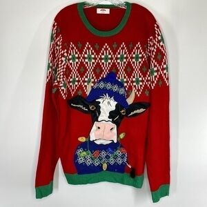 Holiday Time Christmas Cow Light Up Crewneck Sweater Size Large